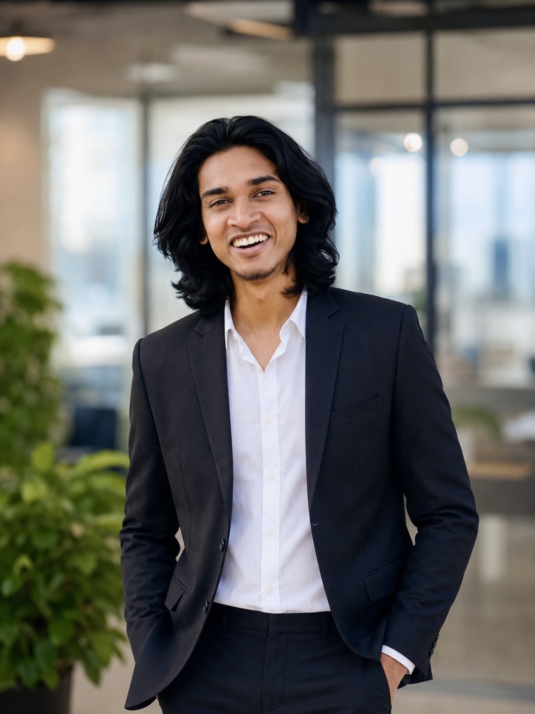 Ilyas Muhammed smiling in a dark suit and white shirt